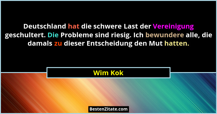 Deutschland hat die schwere Last der Vereinigung geschultert. Die Probleme sind riesig. Ich bewundere alle, die damals zu dieser Entscheidun... - Wim Kok
