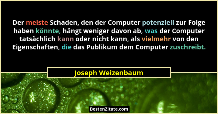 Der meiste Schaden, den der Computer potenziell zur Folge haben könnte, hängt weniger davon ab, was der Computer tatsächlich kann... - Joseph Weizenbaum