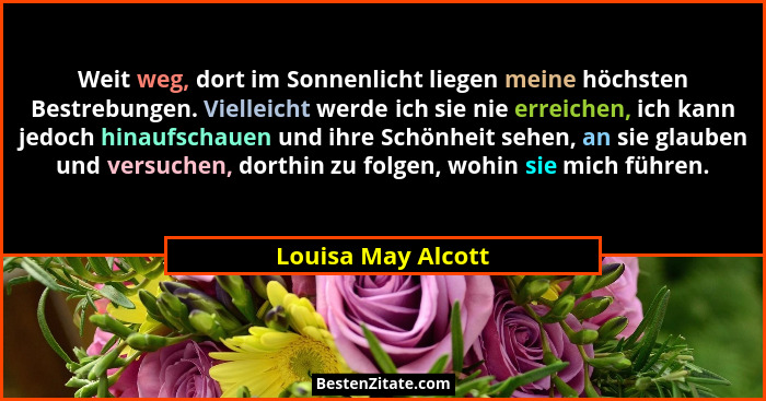 Weit weg, dort im Sonnenlicht liegen meine höchsten Bestrebungen. Vielleicht werde ich sie nie erreichen, ich kann jedoch hinaufsc... - Louisa May Alcott