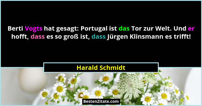 Berti Vogts hat gesagt: Portugal ist das Tor zur Welt. Und er hofft, dass es so groß ist, dass Jürgen Klinsmann es trifft!... - Harald Schmidt
