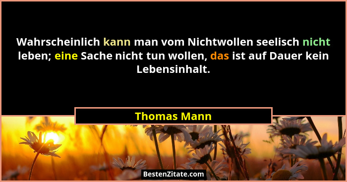 Wahrscheinlich kann man vom Nichtwollen seelisch nicht leben; eine Sache nicht tun wollen, das ist auf Dauer kein Lebensinhalt.... - Thomas Mann