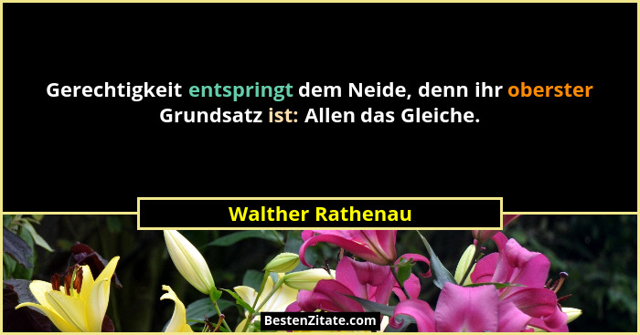 Gerechtigkeit entspringt dem Neide, denn ihr oberster Grundsatz ist: Allen das Gleiche.... - Walther Rathenau