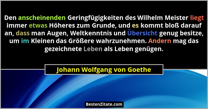 Den anscheinenden Geringfügigkeiten des Wilhelm Meister liegt immer etwas Höheres zum Grunde, und es kommt bloß darauf an... - Johann Wolfgang von Goethe