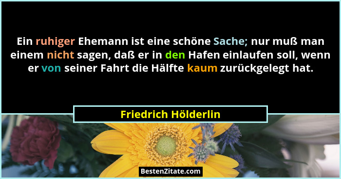 Ein ruhiger Ehemann ist eine schöne Sache; nur muß man einem nicht sagen, daß er in den Hafen einlaufen soll, wenn er von seiner... - Friedrich Hölderlin