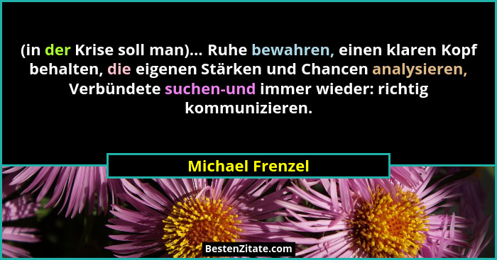 (in der Krise soll man)... Ruhe bewahren, einen klaren Kopf behalten, die eigenen Stärken und Chancen analysieren, Verbündete suchen... - Michael Frenzel