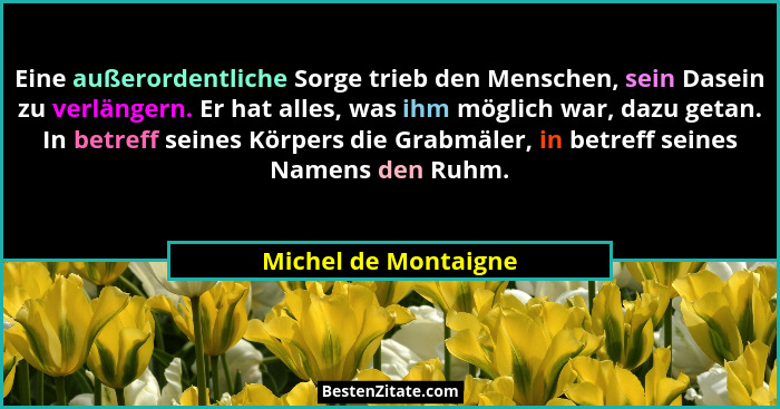 Eine außerordentliche Sorge trieb den Menschen, sein Dasein zu verlängern. Er hat alles, was ihm möglich war, dazu getan. In bet... - Michel de Montaigne