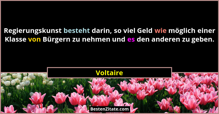 Regierungskunst besteht darin, so viel Geld wie möglich einer Klasse von Bürgern zu nehmen und es den anderen zu geben.... - Voltaire