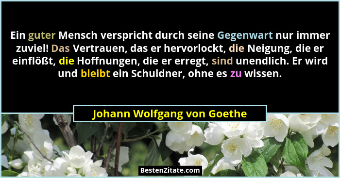 Ein guter Mensch verspricht durch seine Gegenwart nur immer zuviel! Das Vertrauen, das er hervorlockt, die Neigung, die e... - Johann Wolfgang von Goethe