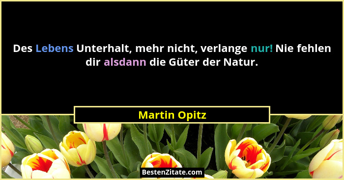 Des Lebens Unterhalt, mehr nicht, verlange nur! Nie fehlen dir alsdann die Güter der Natur.... - Martin Opitz