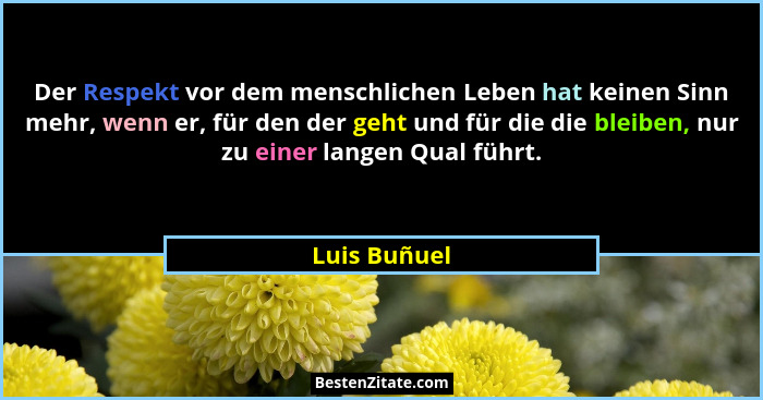 Der Respekt vor dem menschlichen Leben hat keinen Sinn mehr, wenn er, für den der geht und für die die bleiben, nur zu einer langen Qual... - Luis Buñuel