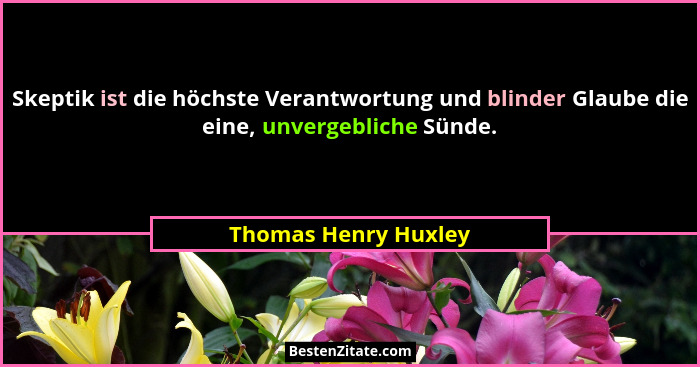 Skeptik ist die höchste Verantwortung und blinder Glaube die eine, unvergebliche Sünde.... - Thomas Henry Huxley