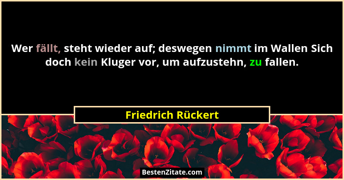 Wer fällt, steht wieder auf; deswegen nimmt im Wallen Sich doch kein Kluger vor, um aufzustehn, zu fallen.... - Friedrich Rückert
