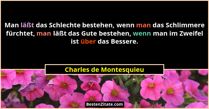 Man läßt das Schlechte bestehen, wenn man das Schlimmere fürchtet, man läßt das Gute bestehen, wenn man im Zweifel ist über d... - Charles de Montesquieu