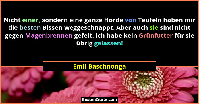 Nicht einer, sondern eine ganze Horde von Teufeln haben mir die besten Bissen weggeschnappt. Aber auch sie sind nicht gegen Magenbre... - Emil Baschnonga