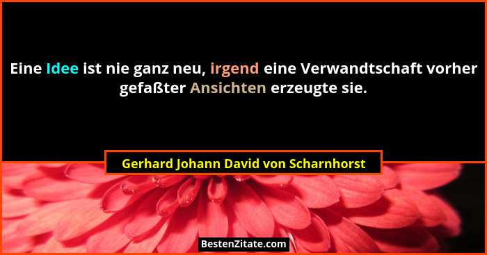 Eine Idee ist nie ganz neu, irgend eine Verwandtschaft vorher gefaßter Ansichten erzeugte sie.... - Gerhard Johann David von Scharnhorst