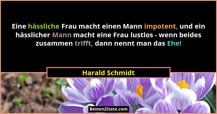 Eine hässliche Frau macht einen Mann impotent, und ein hässlicher Mann macht eine Frau lustlos - wenn beides zusammen trifft, dann ne... - Harald Schmidt