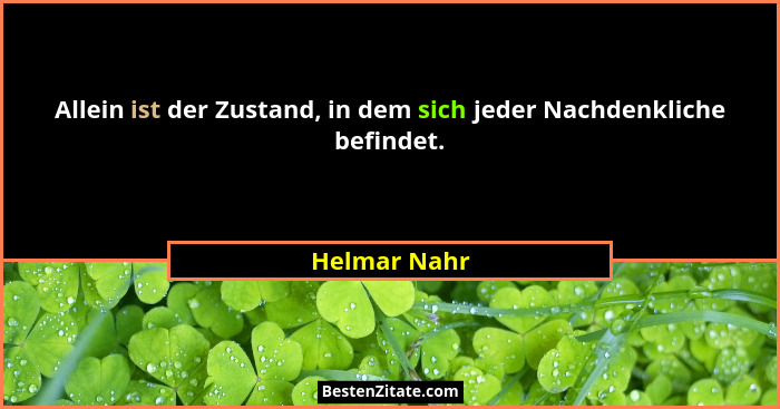 Allein ist der Zustand, in dem sich jeder Nachdenkliche befindet.... - Helmar Nahr