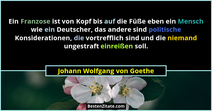 Ein Franzose ist von Kopf bis auf die Füße eben ein Mensch wie ein Deutscher, das andere sind politische Konsiderationen,... - Johann Wolfgang von Goethe