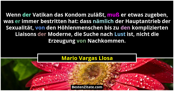 Wenn der Vatikan das Kondom zuläßt, muß er etwas zugeben, was er immer bestritten hat: dass nämlich der Hauptantrieb der Sexualit... - Mario Vargas Llosa