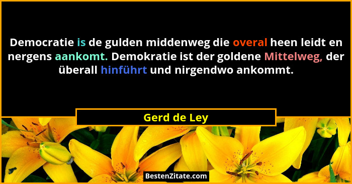 Democratie is de gulden middenweg die overal heen leidt en nergens aankomt. Demokratie ist der goldene Mittelweg, der überall hinführt u... - Gerd de Ley