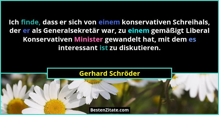 Ich finde, dass er sich von einem konservativen Schreihals, der er als Generalsekretär war, zu einem gemäßigt Liberal Konservativen... - Gerhard Schröder