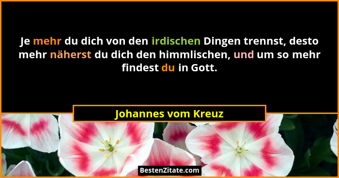 Je mehr du dich von den irdischen Dingen trennst, desto mehr näherst du dich den himmlischen, und um so mehr findest du in Gott.... - Johannes vom Kreuz