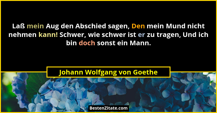 Laß mein Aug den Abschied sagen, Den mein Mund nicht nehmen kann! Schwer, wie schwer ist er zu tragen, Und ich bin doch s... - Johann Wolfgang von Goethe