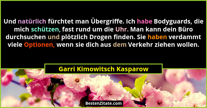 Und natürlich fürchtet man Übergriffe. Ich habe Bodyguards, die mich schützen, fast rund um die Uhr. Man kann dein Büro du... - Garri Kimowitsch Kasparow
