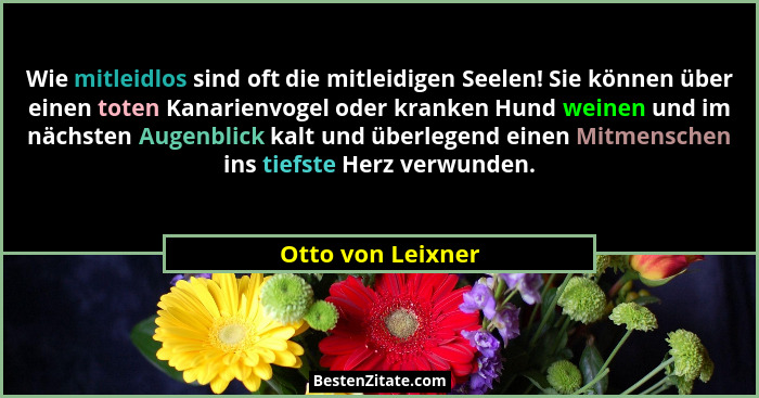 Wie mitleidlos sind oft die mitleidigen Seelen! Sie können über einen toten Kanarienvogel oder kranken Hund weinen und im nächsten... - Otto von Leixner