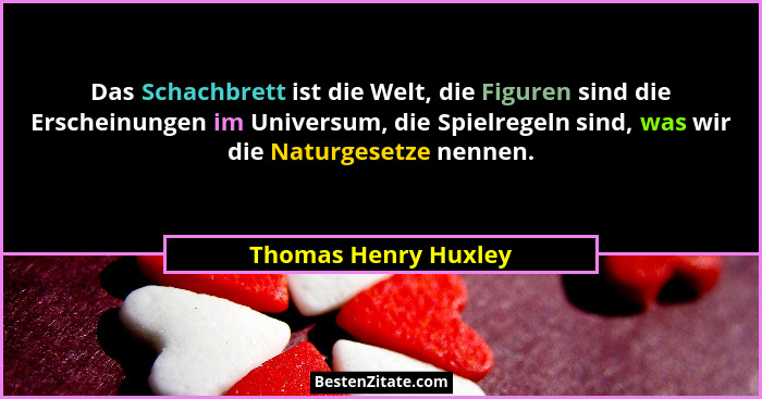 Das Schachbrett ist die Welt, die Figuren sind die Erscheinungen im Universum, die Spielregeln sind, was wir die Naturgesetze ne... - Thomas Henry Huxley