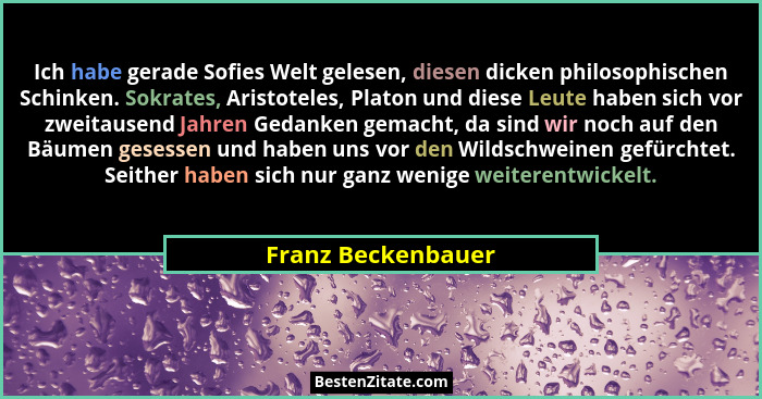 Ich habe gerade Sofies Welt gelesen, diesen dicken philosophischen Schinken. Sokrates, Aristoteles, Platon und diese Leute haben s... - Franz Beckenbauer