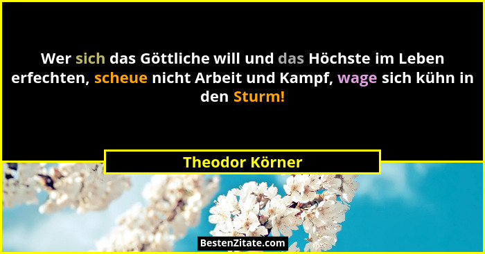 Wer sich das Göttliche will und das Höchste im Leben erfechten, scheue nicht Arbeit und Kampf, wage sich kühn in den Sturm!... - Theodor Körner