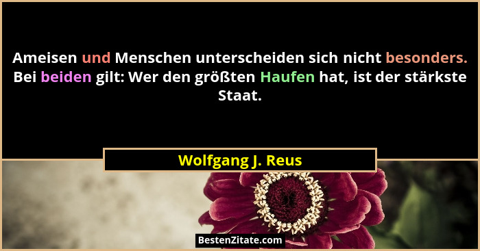 Ameisen und Menschen unterscheiden sich nicht besonders. Bei beiden gilt: Wer den größten Haufen hat, ist der stärkste Staat.... - Wolfgang J. Reus