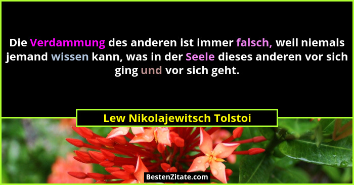 Die Verdammung des anderen ist immer falsch, weil niemals jemand wissen kann, was in der Seele dieses anderen vor sich gi... - Lew Nikolajewitsch Tolstoi