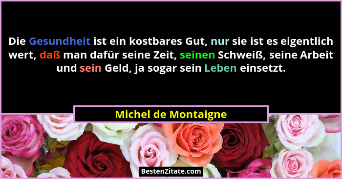 Die Gesundheit ist ein kostbares Gut, nur sie ist es eigentlich wert, daß man dafür seine Zeit, seinen Schweiß, seine Arbeit und... - Michel de Montaigne