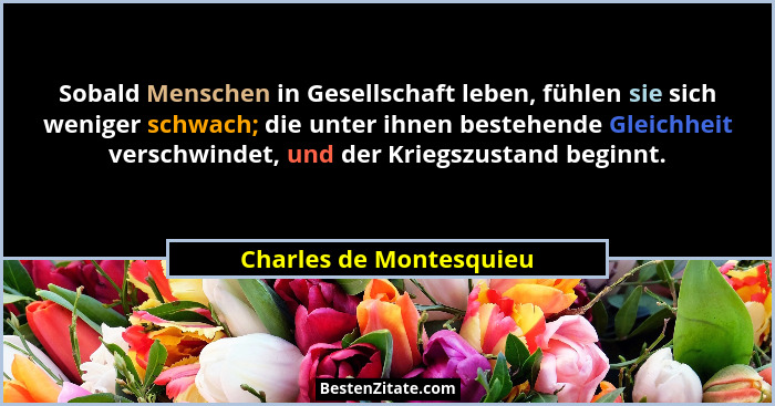 Sobald Menschen in Gesellschaft leben, fühlen sie sich weniger schwach; die unter ihnen bestehende Gleichheit verschwindet, u... - Charles de Montesquieu