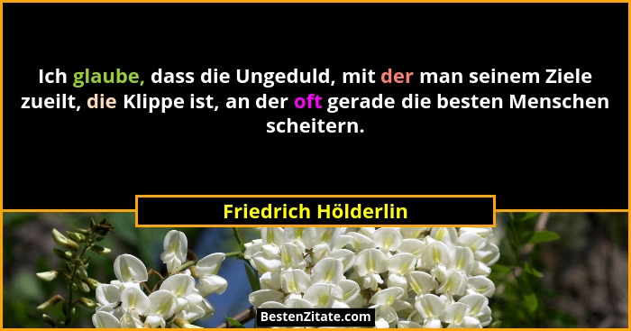 Ich glaube, dass die Ungeduld, mit der man seinem Ziele zueilt, die Klippe ist, an der oft gerade die besten Menschen scheitern.... - Friedrich Hölderlin