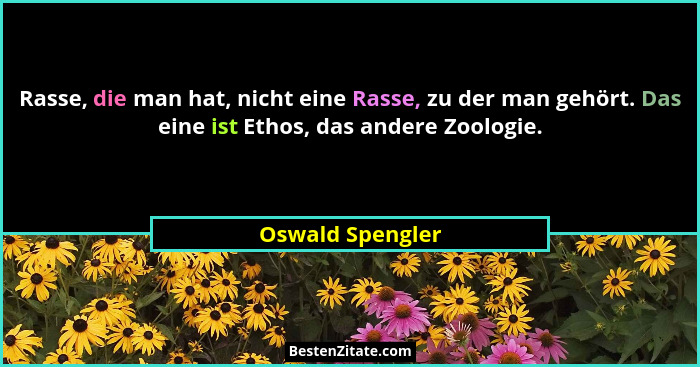 Rasse, die man hat, nicht eine Rasse, zu der man gehört. Das eine ist Ethos, das andere Zoologie.... - Oswald Spengler