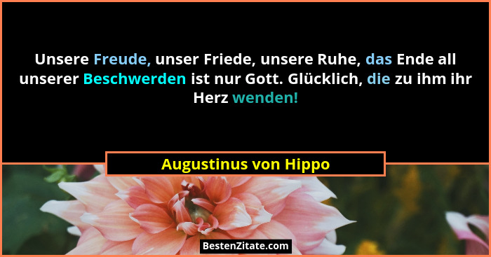 Unsere Freude, unser Friede, unsere Ruhe, das Ende all unserer Beschwerden ist nur Gott. Glücklich, die zu ihm ihr Herz wenden!... - Augustinus von Hippo