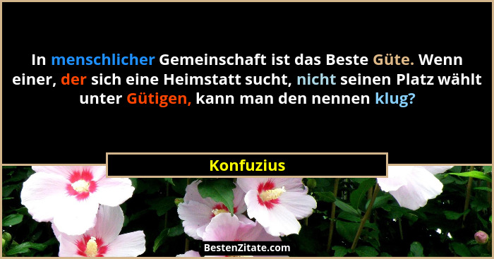 In menschlicher Gemeinschaft ist das Beste Güte. Wenn einer, der sich eine Heimstatt sucht, nicht seinen Platz wählt unter Gütigen, kann m... - Konfuzius