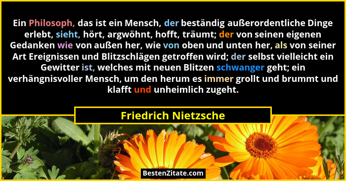 Ein Philosoph, das ist ein Mensch, der beständig außerordentliche Dinge erlebt, sieht, hört, argwöhnt, hofft, träumt; der von se... - Friedrich Nietzsche