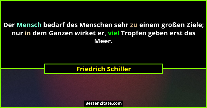 Der Mensch bedarf des Menschen sehr zu einem großen Ziele; nur in dem Ganzen wirket er, viel Tropfen geben erst das Meer.... - Friedrich Schiller