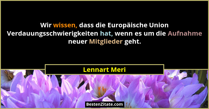 Wir wissen, dass die Europäische Union Verdauungsschwierigkeiten hat, wenn es um die Aufnahme neuer Mitglieder geht.... - Lennart Meri