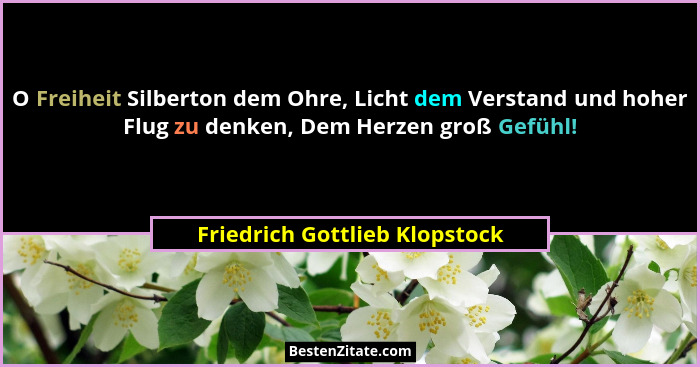 O Freiheit Silberton dem Ohre, Licht dem Verstand und hoher Flug zu denken, Dem Herzen groß Gefühl!... - Friedrich Gottlieb Klopstock