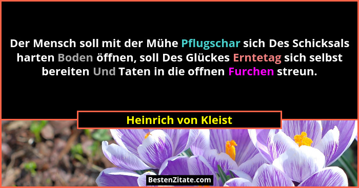 Der Mensch soll mit der Mühe Pflugschar sich Des Schicksals harten Boden öffnen, soll Des Glückes Erntetag sich selbst bereiten... - Heinrich von Kleist