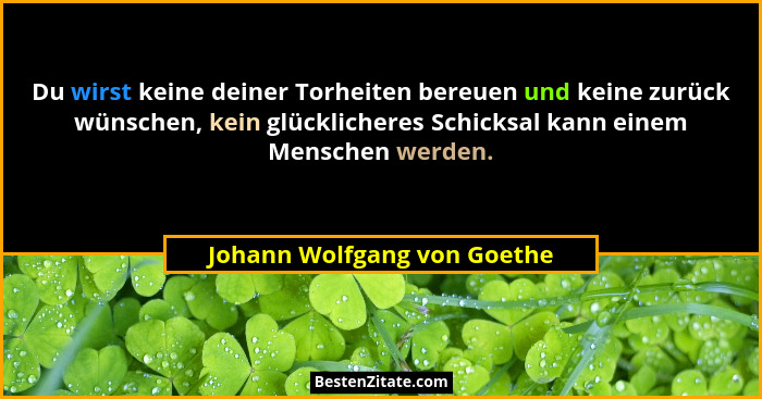 Du wirst keine deiner Torheiten bereuen und keine zurück wünschen, kein glücklicheres Schicksal kann einem Menschen werde... - Johann Wolfgang von Goethe