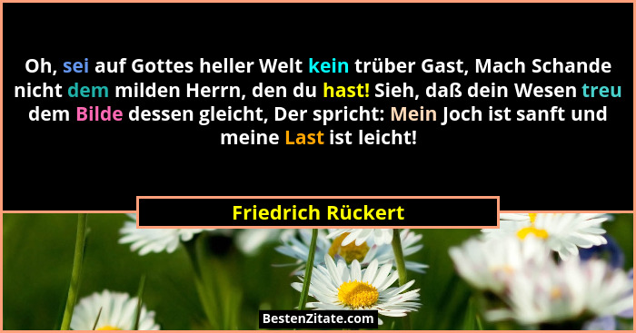 Oh, sei auf Gottes heller Welt kein trüber Gast, Mach Schande nicht dem milden Herrn, den du hast! Sieh, daß dein Wesen treu dem B... - Friedrich Rückert
