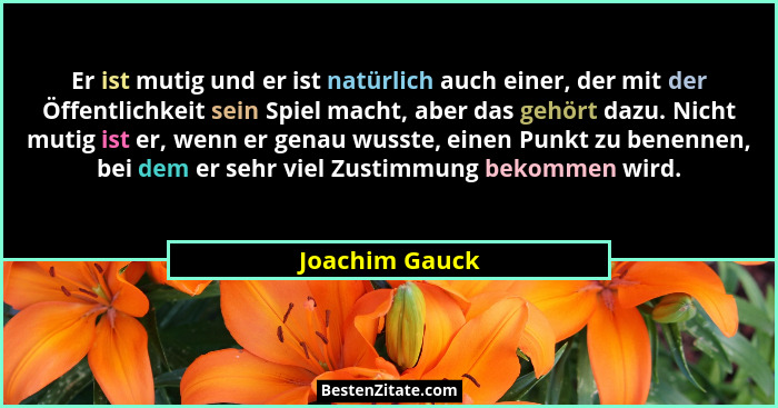 Er ist mutig und er ist natürlich auch einer, der mit der Öffentlichkeit sein Spiel macht, aber das gehört dazu. Nicht mutig ist er, w... - Joachim Gauck