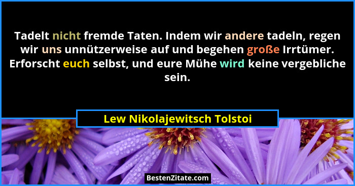 Tadelt nicht fremde Taten. Indem wir andere tadeln, regen wir uns unnützerweise auf und begehen große Irrtümer. Erforscht... - Lew Nikolajewitsch Tolstoi