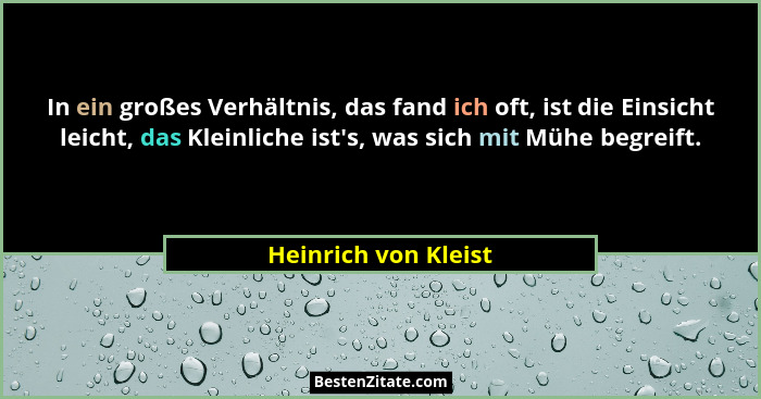 In ein großes Verhältnis, das fand ich oft, ist die Einsicht leicht, das Kleinliche ist's, was sich mit Mühe begreift.... - Heinrich von Kleist